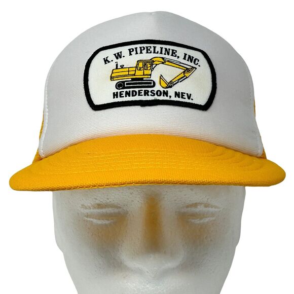 Vintage KW Pipeline Inc Patch Trucker Hat Baseball Cap 80s Backhoe Mesh Yellow - Picture 2 of 10